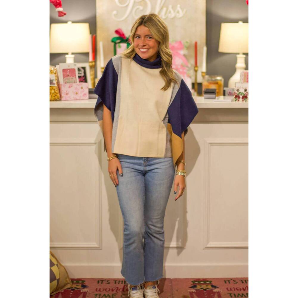 NEW THML cozy colorblock poncho in navy
